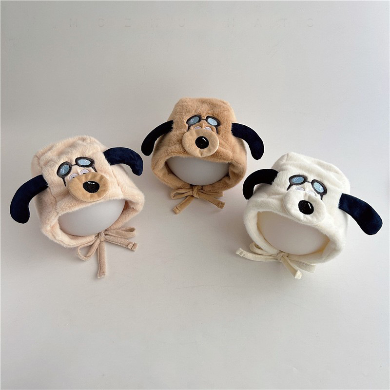 Bebé sombrero de peluche invierno caliente más peluche grueso sombrero protector de orejas lindo perro volador para niños y niñas correa sombrero frío