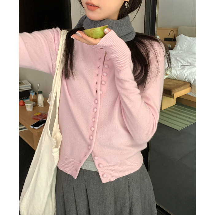 甜美温柔风单排扣圆领正肩开衫长袖秋冬季新款修身百搭休闲上衣女|undefined
