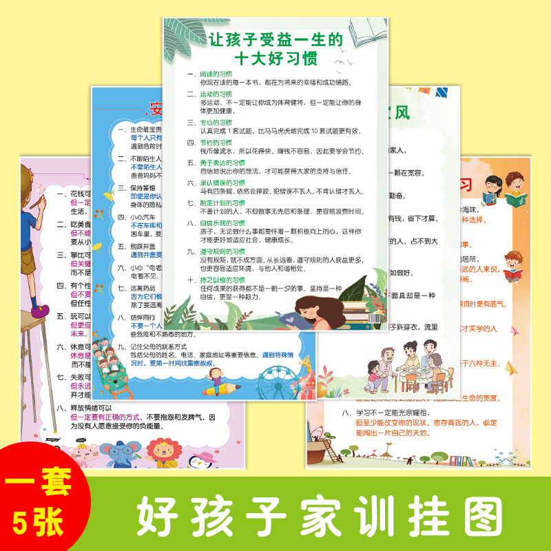 好孩子家训图 5张家训家规挂图儿童自律客厅创意挂图好孩子励志