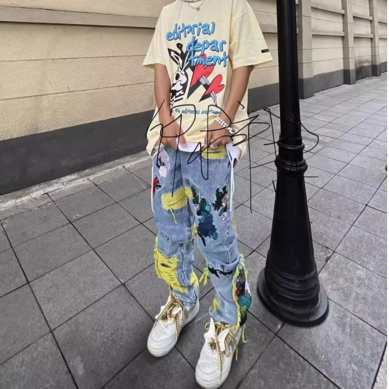 Heavy Embroidered Ripped Jeans American Hong Kong Style Street Fashion for Men And Women mid Waist Straight Pants Blue Long Brushed_voghion.com