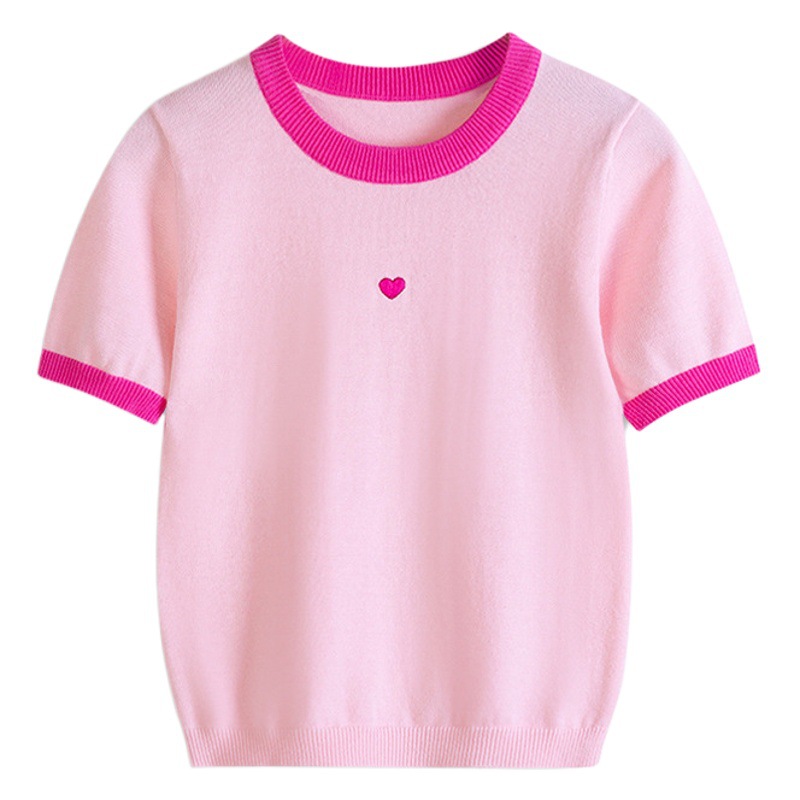 2025 nuevo estilo de algodón de clase A, bordado de amor para niños, camiseta para niñas, ropa para niños, suéter de manga corta, cabello fino de una pieza en verano