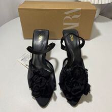 ZA爆款女鞋24新品尖头浅口网纱大玫瑰花朵露趾后绑带细高跟凉鞋女