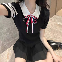 刺绣小狗蝴蝶结polo冰丝针织衫女设计感时尚百搭洋气减龄上衣乙鸟