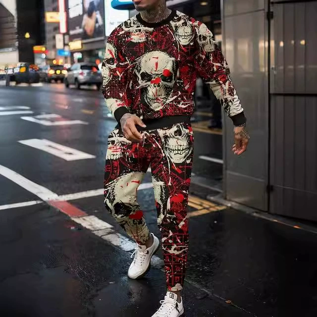 Мужской спортивный костюм 3D с принтом черепа персонализированный пуловер брюки уличная мода молодежный свободный набор