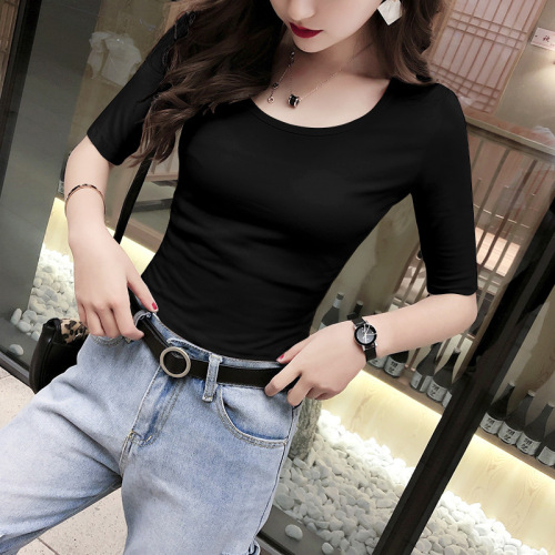 Women's 7/8 Sleeve Summer T-Shirt 2024 New Slim Fit Plus Size White Crew Neck Half-Sleeve Top