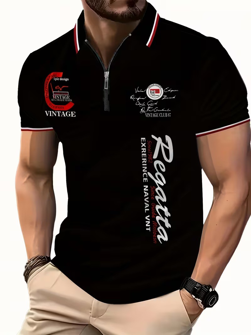 Fuente de fábrica de explosión transfronteriza nueva solapa hombre casual de manga corta zip polo impresión de verano