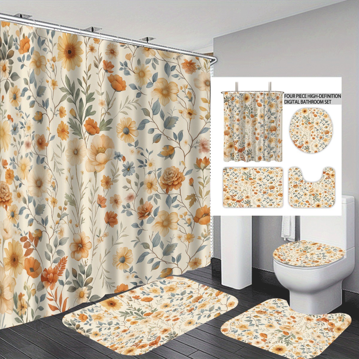 Agente de poliéster Mei Ke más cortina de baño impermeable serie de agua floral 3D impresión digital cortina de baño cuatro piezas alfombra absorbente