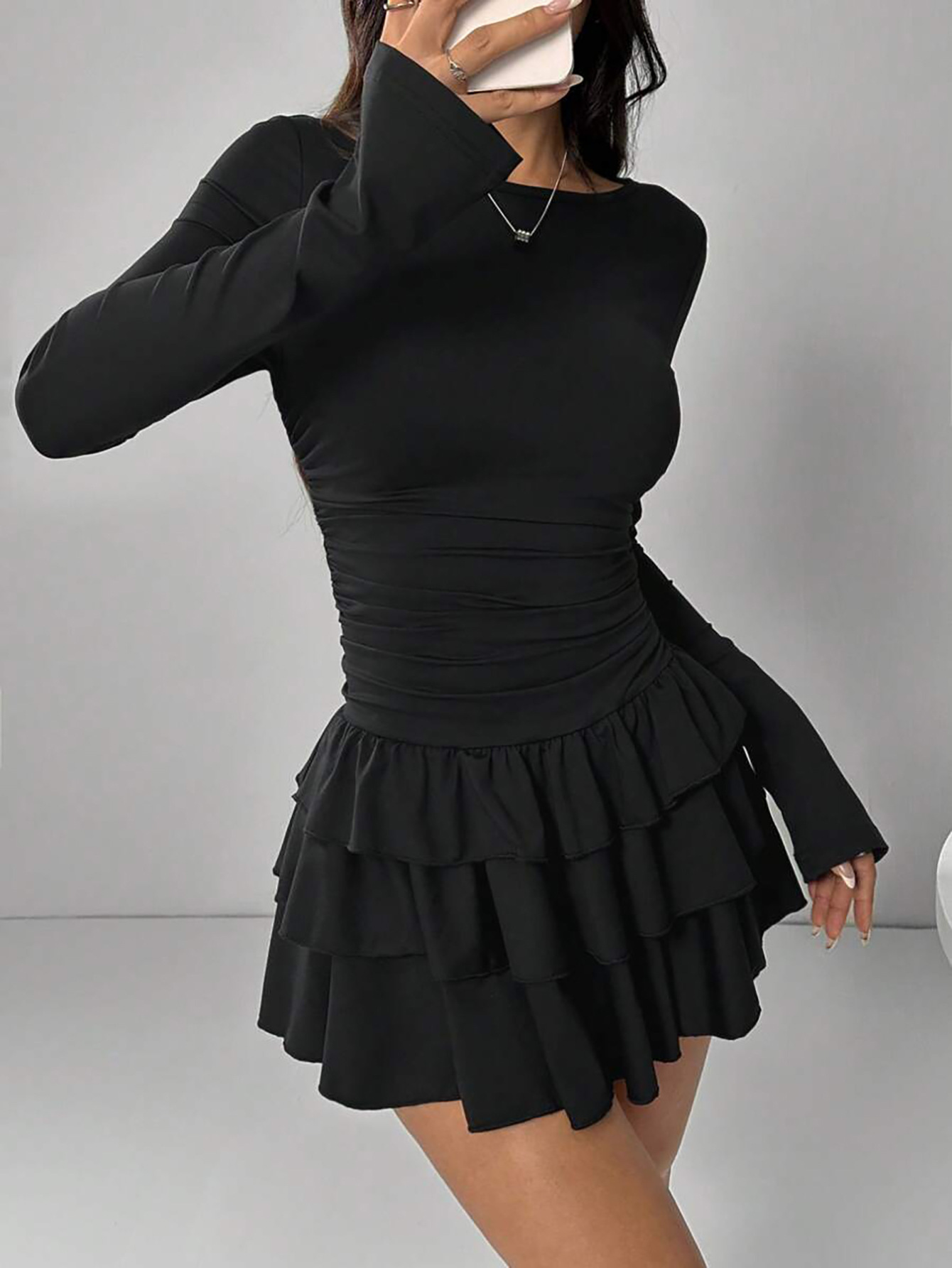 Women's Solid Color Slim Fit Ruffled Panel Long Sleeve Bodycon Mini Dress – Elegant Casual Gown_ecoleips.com