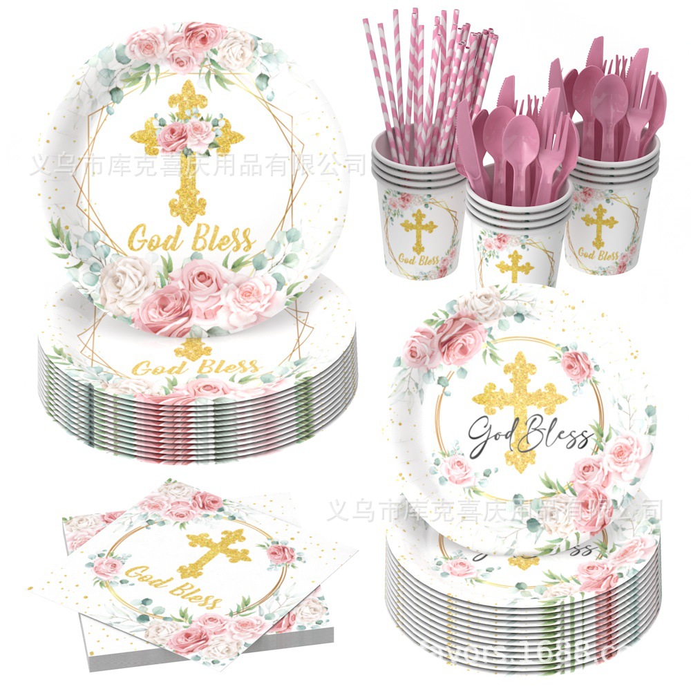 Nuevos platos de fiesta de la Santa Comunión de la Cruz Rosa Bautismo de bebés bandeja de papel desechable taza de papel toalla decoración de fiesta