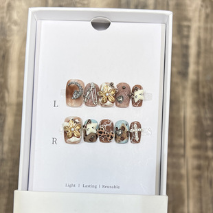 Dai Risen [Cowboy Kt Cat] Wearable Nails Purely Handmade Old Leopard Print Hand-Painted Manicure Metal Cross Nails
