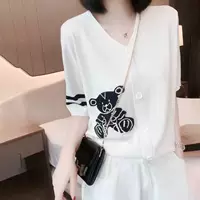 Xia Xin, высококачественный супер красивый вязаный кардиган в полоску с мультяшным медведем и короткими рукавами, свободная модная женская куртка с v-образным вырезом