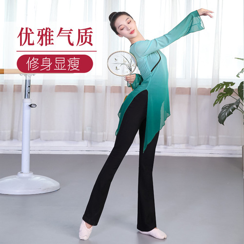 Dance practice costumes for women, including Chinese dance tops, classical dance costumes, physical training attire, Latin dance costumes, and modern dance costumes.