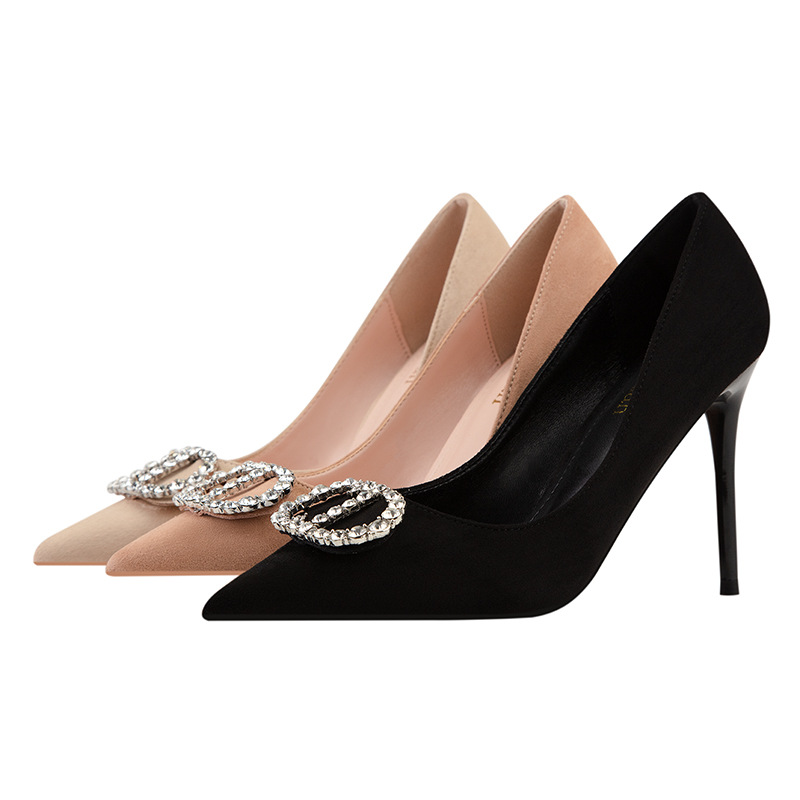 121-18 han edition fashion high heels for women's shoes high heel with shallow mouth tip diamond metal buckles banquet single shoes