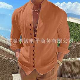 2026跨境新款亚麻钮扣休闲衬衫夏季衬衫平带领夏季日常度假服装