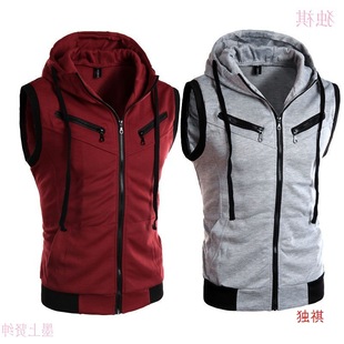 Slim-Fit Knitted Vest Sleeveless Hooded Sweater Male Student's Zipper Hooded Sweater Summer Chop-Shoulder Vest