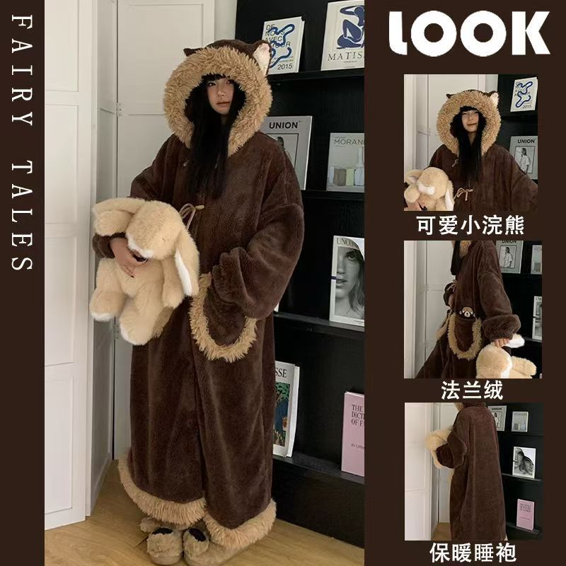 High-quality, cute cartoon raccoon pajamas, warm winter hooded long robe, casual loungewear for girls High-quality, cute cartoon raccoon pajamas, warm winter hooded long robe, casual loungewear for girls