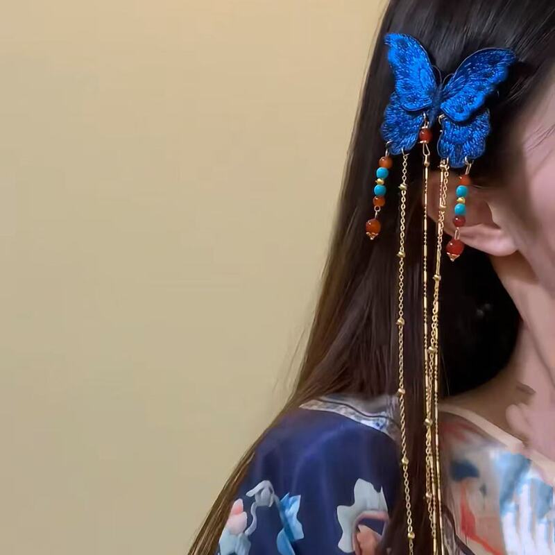 刺繍蝶｜新中国風エスニック風古代風絶妙な青い蝶ロングタッセル古典的な気質のヘアピンヘアアクセサリー|undefined