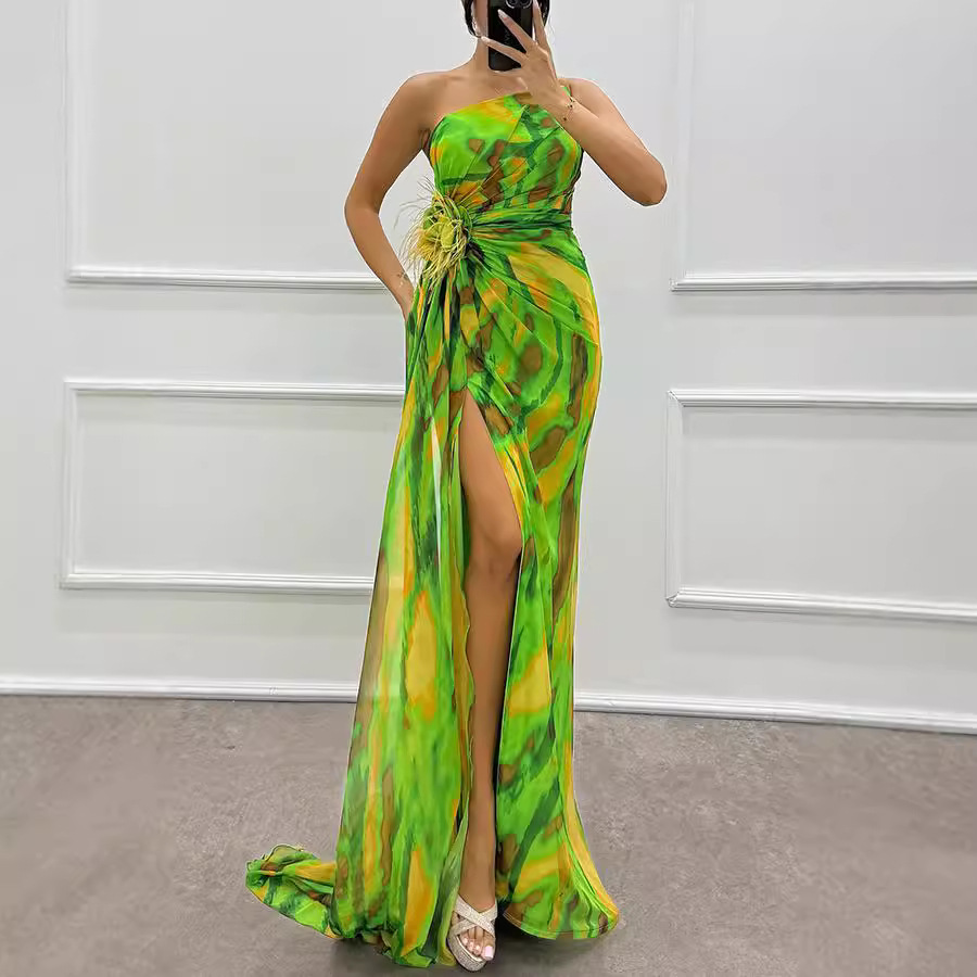 Women's Clothing chiffon printed slit dress casual party long women's dress_voghion.com