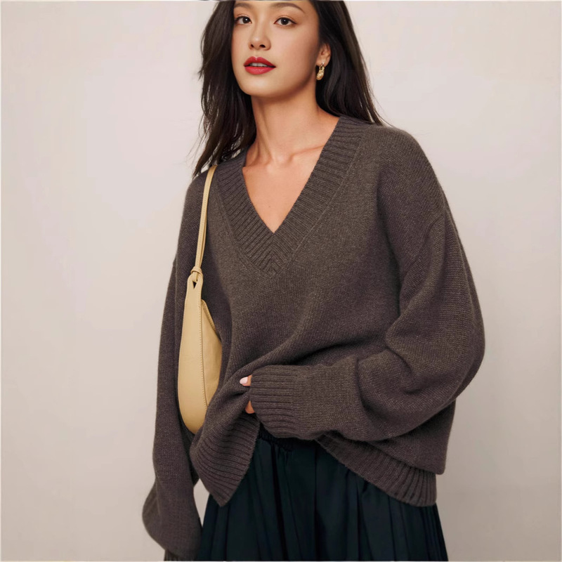 European Plus-Size Autumn and Winter New Thick Loose Lazy Style V-Neck Sweater Versatile Slimming Pure Wool Sweater for Women