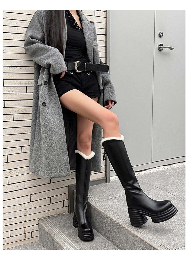 Boot nữ cổ cao gót 10 cm đế dày phong cách hiệp sĩ, miệng chữ V, lót len mùa đông — màu đen, màu hồng, Màu trắng nhạt chi tiết 19