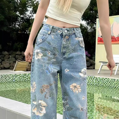 アメリカのレトロなプリントの広い足のジーパンの女性の夏の新型の大衆は腰のゆったりしているまっすぐな筒を設計してズボンを引きずります。