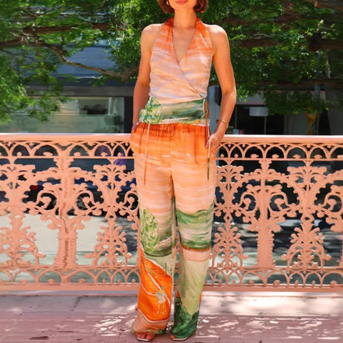 2025 New Fashionable Casual V-Neck Straps Waistcoat High Waist Print Wide Leg Pants Set for Women 