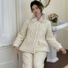 冬季新款睡衣毛绒翻领简约新中式夹棉套装中式扣居家保暖可外穿