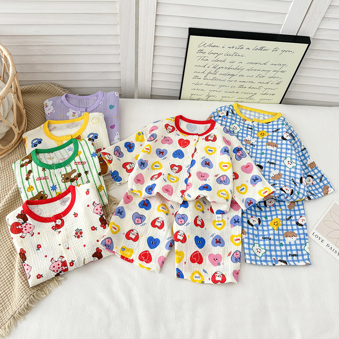 New Children's Cotton Gauze Pajamas suit Spring and Summer Cotton Gauze Home Clothes Boys and Girls Korean-style All-match Two-piece Set