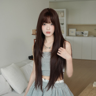 Summer New Wig for Women, Ultra-Long Straight Hair, Chemical Fiber Artificial Internet Celebrity Full Headgear, Long Hair Raspberry Red Wig