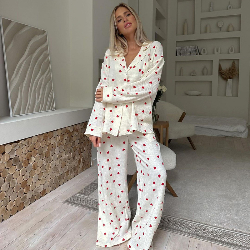 Cross-Border European and American Spring 2025 New Heart Print Women's Home Wear Loose Long-Sleeved Pants Pajamas Two-Piece Set