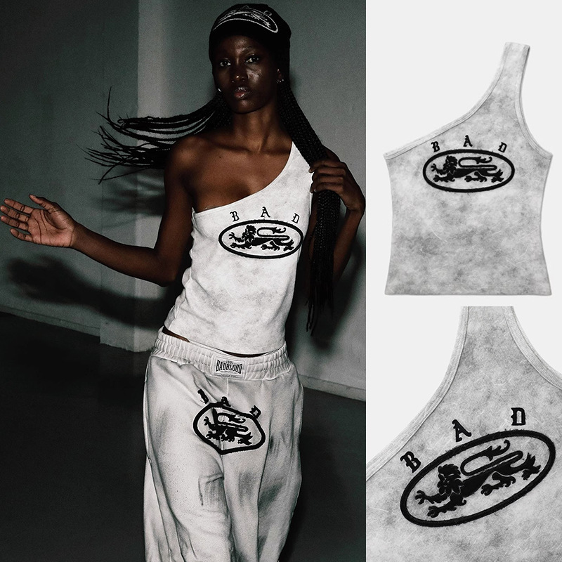 Badblood American Retro Slanted Shoulder Vest Sexy Tie-Dye Slim Short Sports Casual Sexy Yoga Top