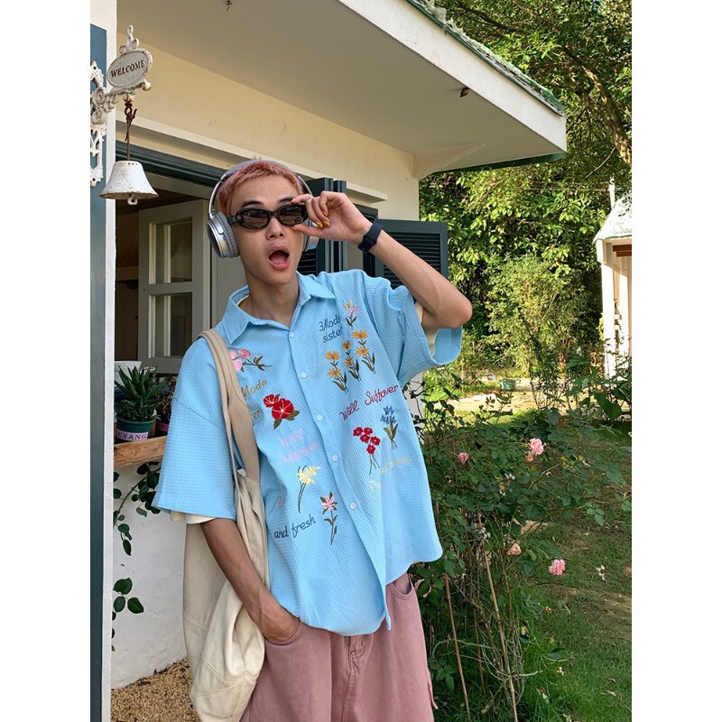 American Retro Waffle-Colored Floral Embroidered Short-Sleeved Shirt for Men and Women, Summer Loose and Casual Style Shirt