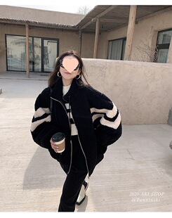 Catty Large size loose spliced ​​zipper jacket lambs plush thickened warm stand collar jacket women's loose