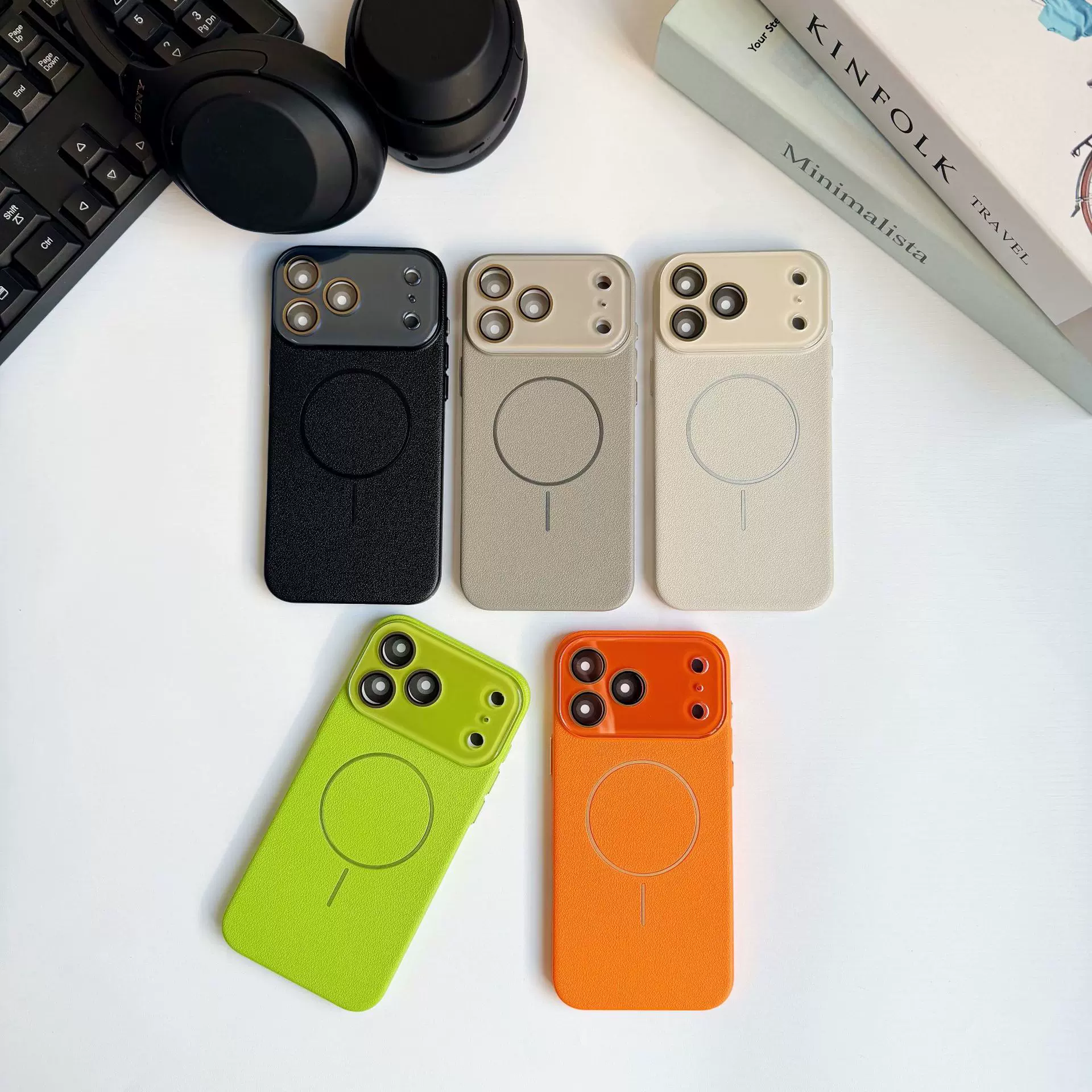 水晶全包镜头适用iPhone17手机壳荔枝纹PC细圈磁吸苹果16防摔硬套