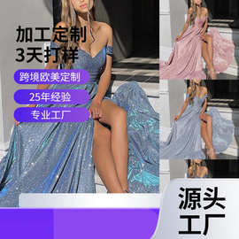 2026亚马逊欧美宴会礼服裙 ins亮片大裙摆抹胸性感时尚开叉连衣裙