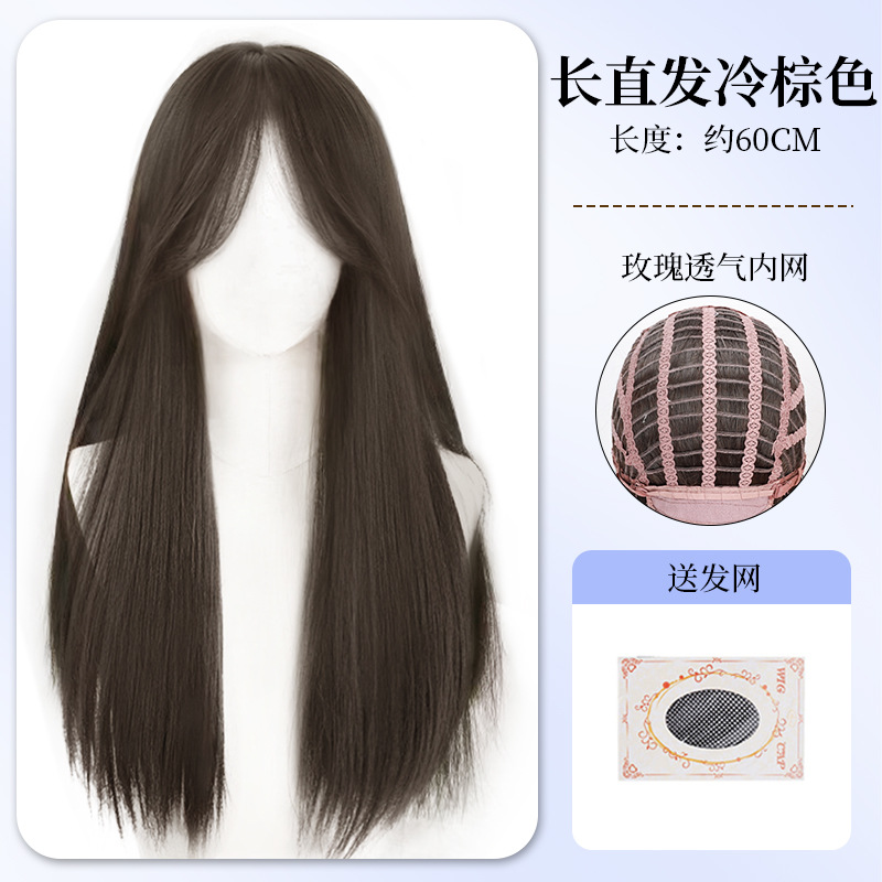 Temperament middle-parted straight hair [cold brown] + hair net