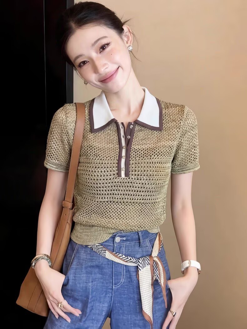 Áo thun dệt kim nữ cổ polo ngắn tay, phong cách Hàn Quốc, thiết kế hở vai lửng — màu sắc