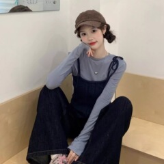 韩系藏青色吊带背心女装早秋设计感气质叠穿长袖T恤两件套古早味