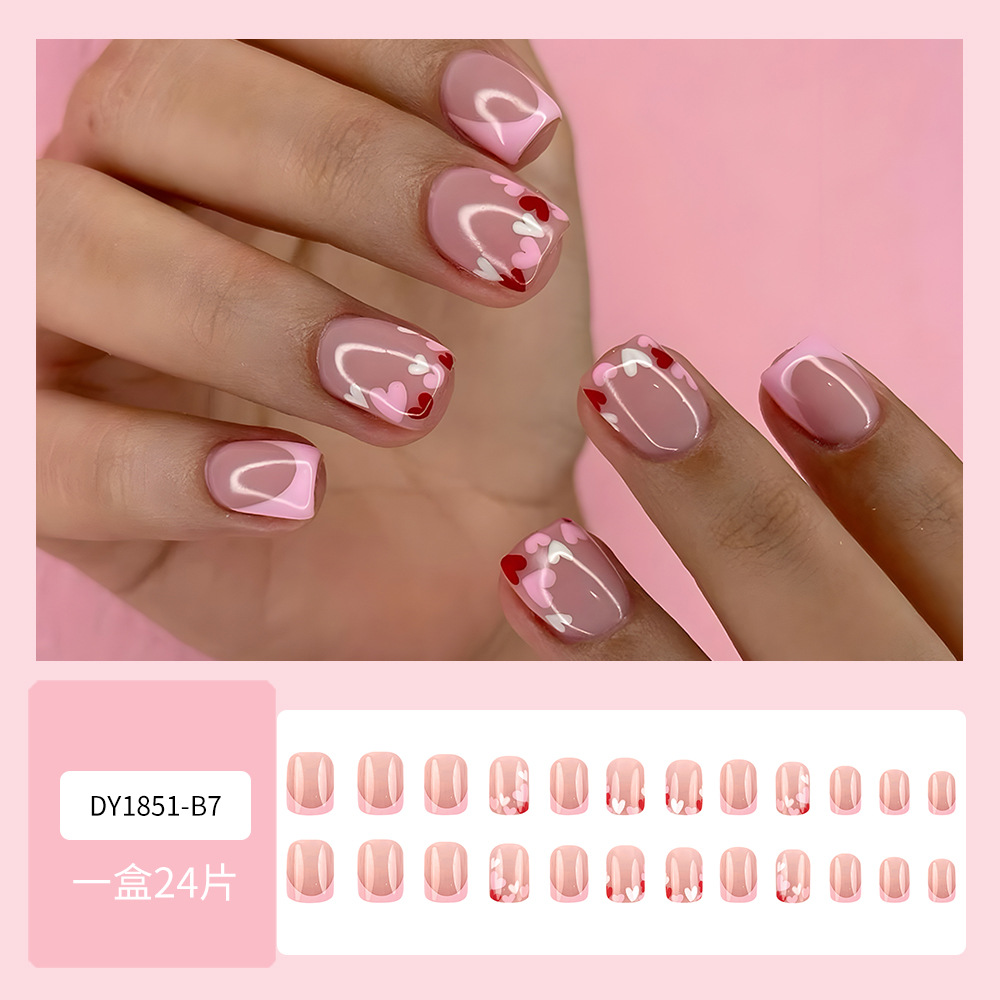 Europa y los Estados Unidos venta caliente de bordes de rosa de manicuras francesas manicuras parches de uñas falsas de color blanco Día de San Valentín rosa amar usar uñas