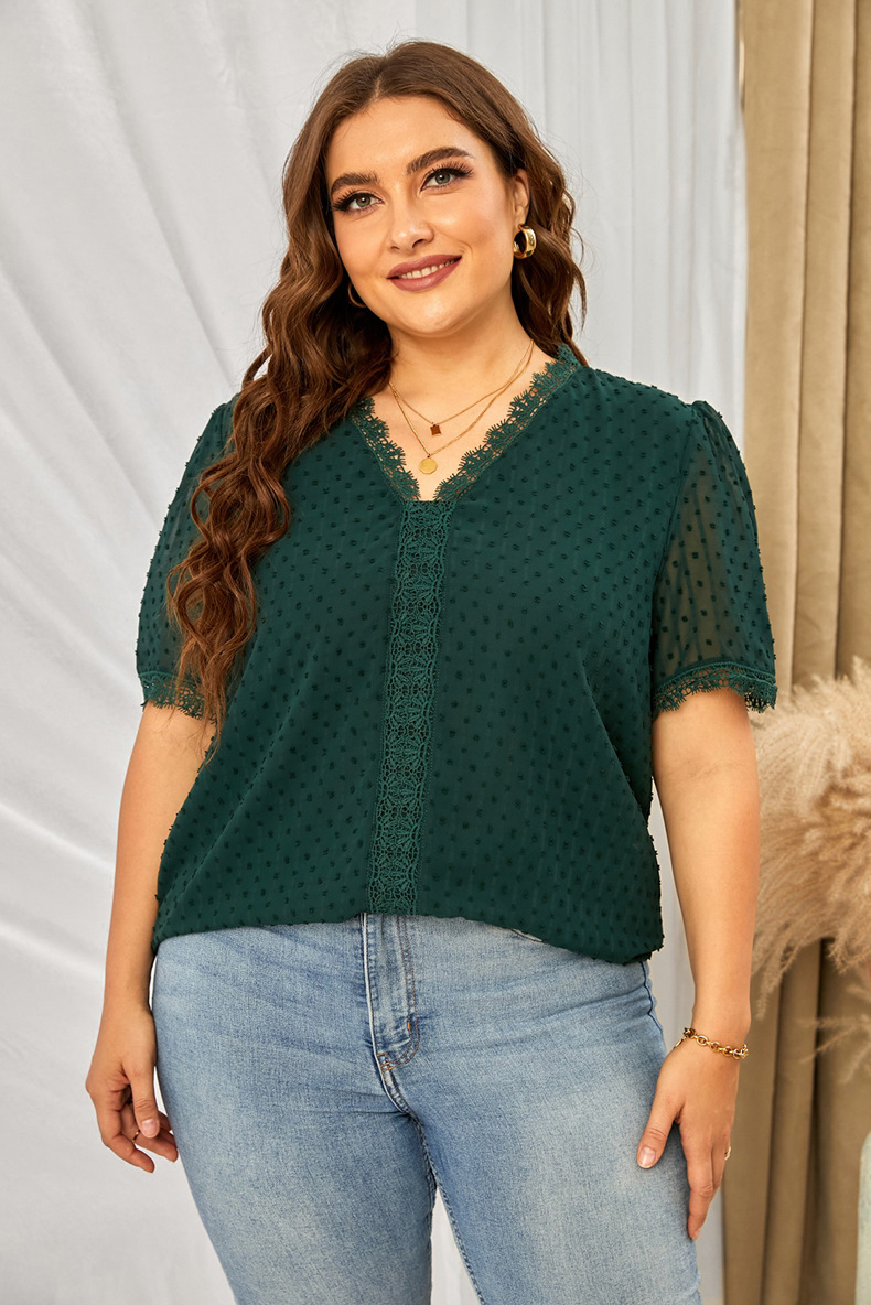 women s loose V-neck pullover solid color plus size lace shirt nihaostyles clothing wholesale NSQSY78404