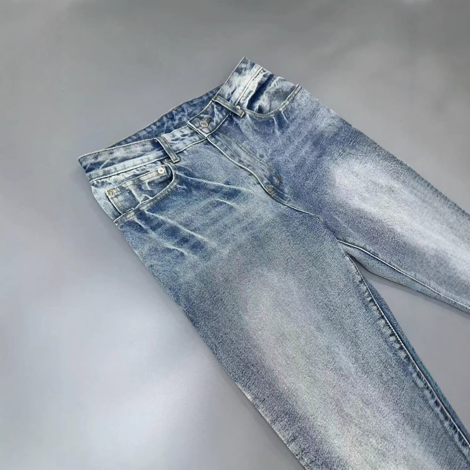 Men's Clothing Ice Blue Washed Flared Jeans Men's Paris Style Lost Videotape Damaged Clean Fit Style For Formal & Casual_mkmklike.com