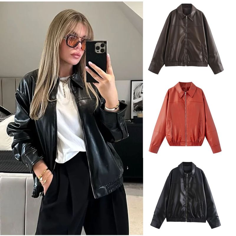 Aliexpress Cross-Border Foreign Trade European and American Clothing Summer Fashion Temperament Autumn and Winter New Imitation Leather Bomber Jacket Aliexpress Cross-Border Foreign Trade European and American Clothing Summer Fashion Temperament Autumn and Winter New Imitation Leather Bomber Jacket