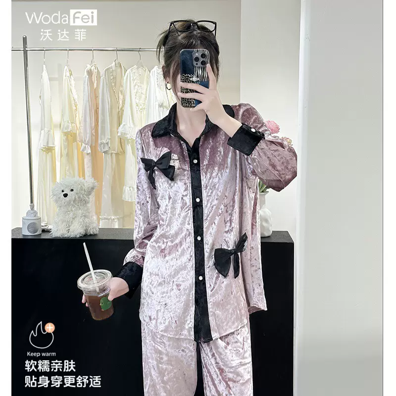 高级感金丝绒睡衣女士2025秋季新款蝴蝶结甜美家居服韩版小众睡衣