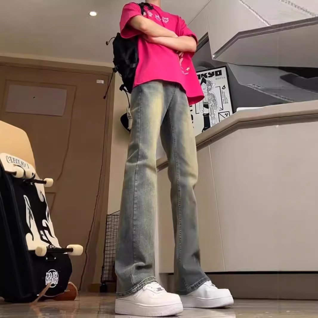 Lavados con agua hechos viejos jeans de estilo americano de alta calle vibe viento hombre vintage slimming rectas pantalones largos