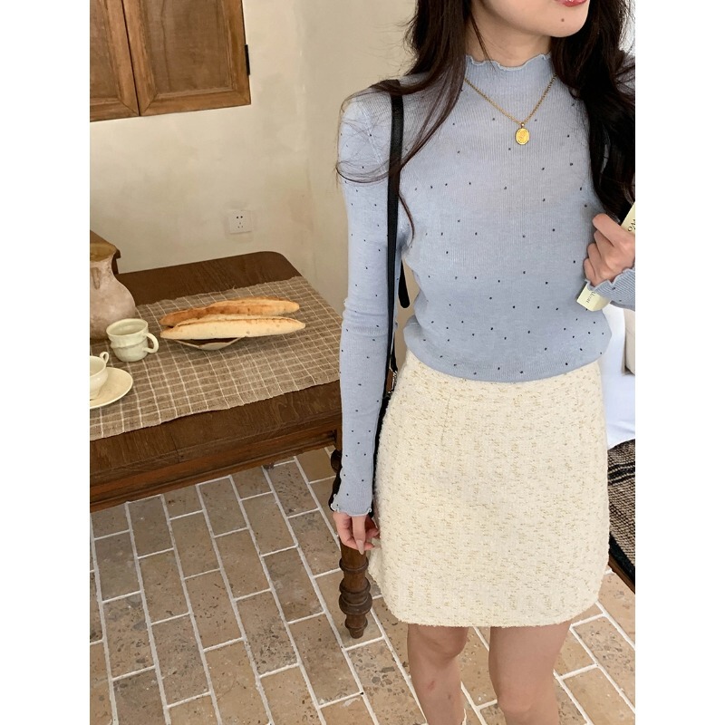 3Th Morning Fashionable Korean Style Half-Turtleneck Ruffled Polka Dot Knit Sweater Zy3371