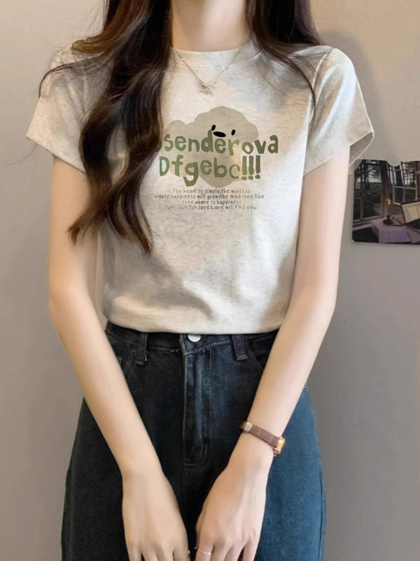 デザインニッチな右肩ピュアコットン半袖Tシャツレディース夏新作プリントスリムラウンドネックグレートップトレンディ|undefined