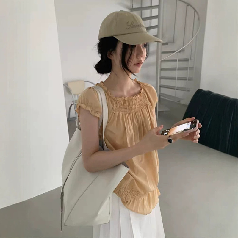The Same Style as Baby'S: Buttery Lace Collar Puff Sleeve Short-Sleeve Shirt, Korean Designer Women's Fashion, Korean-Style Top
