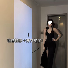 新春气质纯欲露背长裙子可拆卸玫瑰挂脖御姐收腰包臀连衣裙子