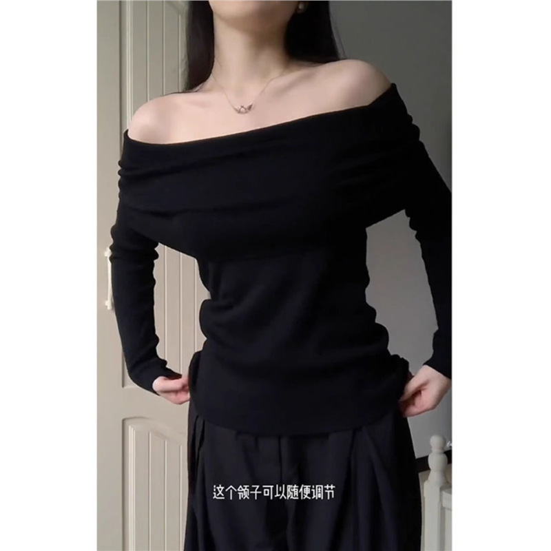 法式黑色一字肩上衣女春秋露肩设计感小众修身气质内搭长袖针织衫|undefined