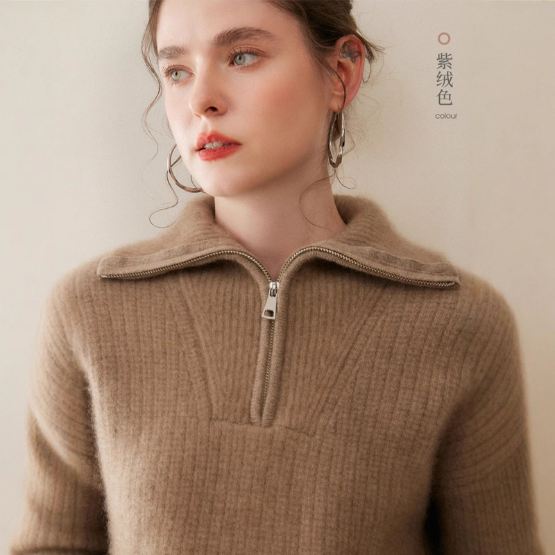 Navy Lapel Thickened Sweater Half Zip Cashmere Sweater Women's Double Strand Soft Warm Long Sleeve Sweater